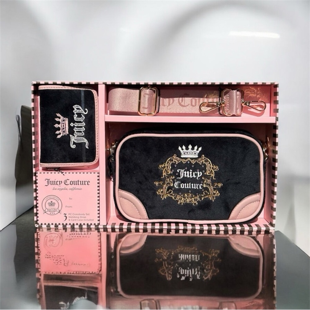 JUICY COUTURE HERITAGE BLACK CAMERA CROSSBODY BAG 3 PIECE SET NEW IN BOX!